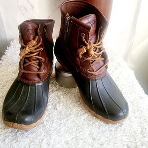 Sperry leather trim duck boots hunter green and brown